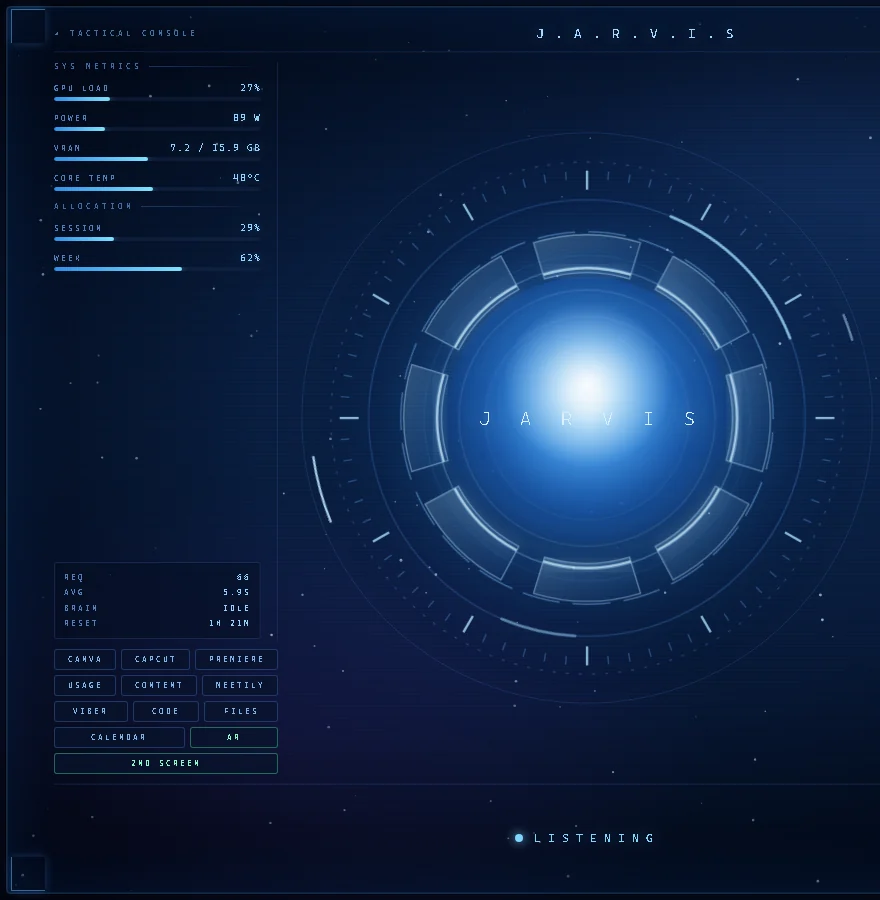 The Jarvis console — a glowing reactor dial, live GPU load, power draw, VRAM and temperature readouts, a rail of tool shortcuts, and a LISTENING indicator
