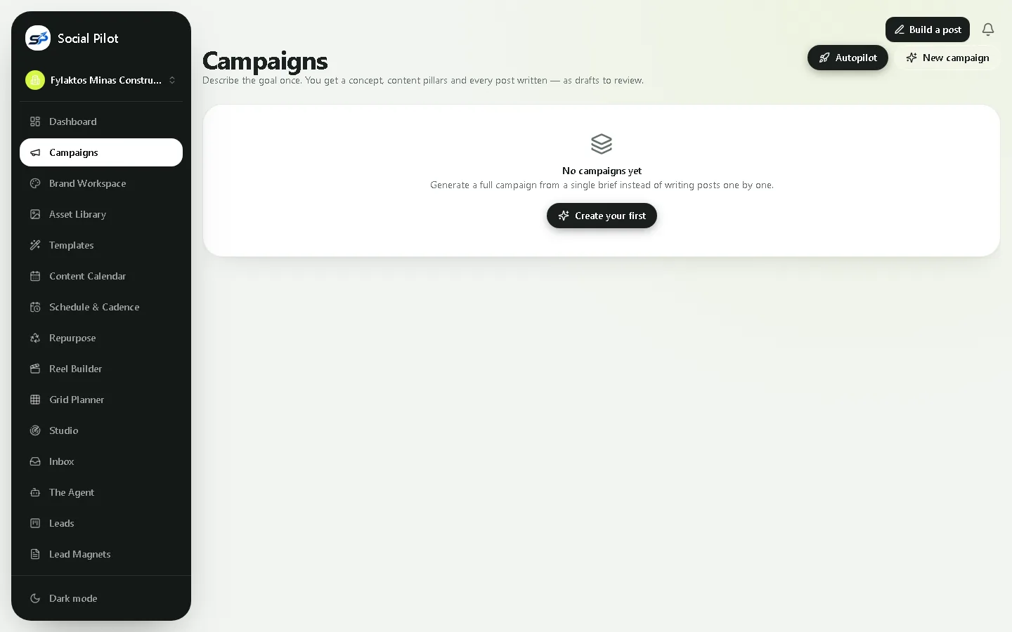 SocialPilot campaigns view for grouping scheduled content under a single campaign