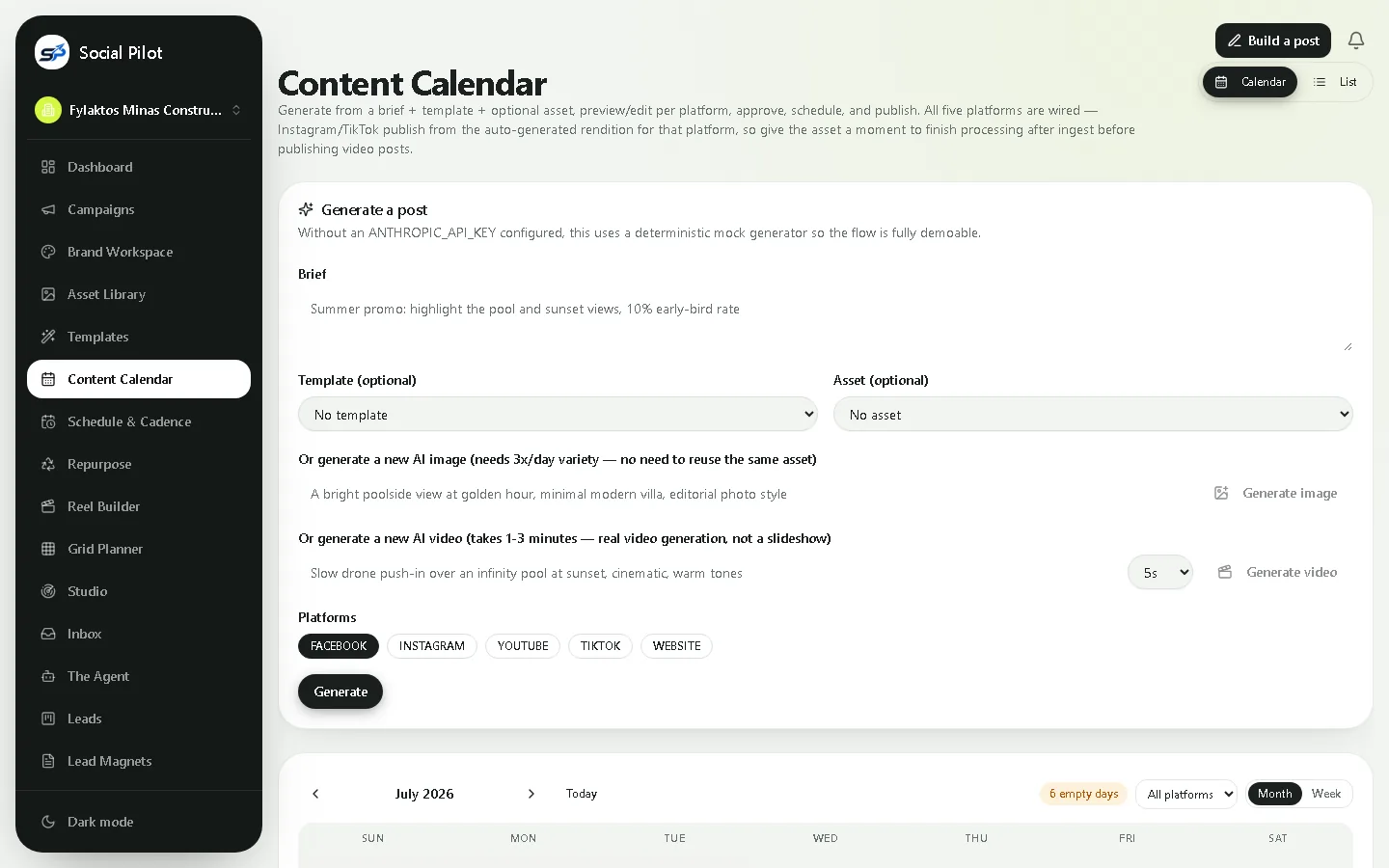 SocialPilot content calendar with an AI composer for generating posts, images and video across five platforms