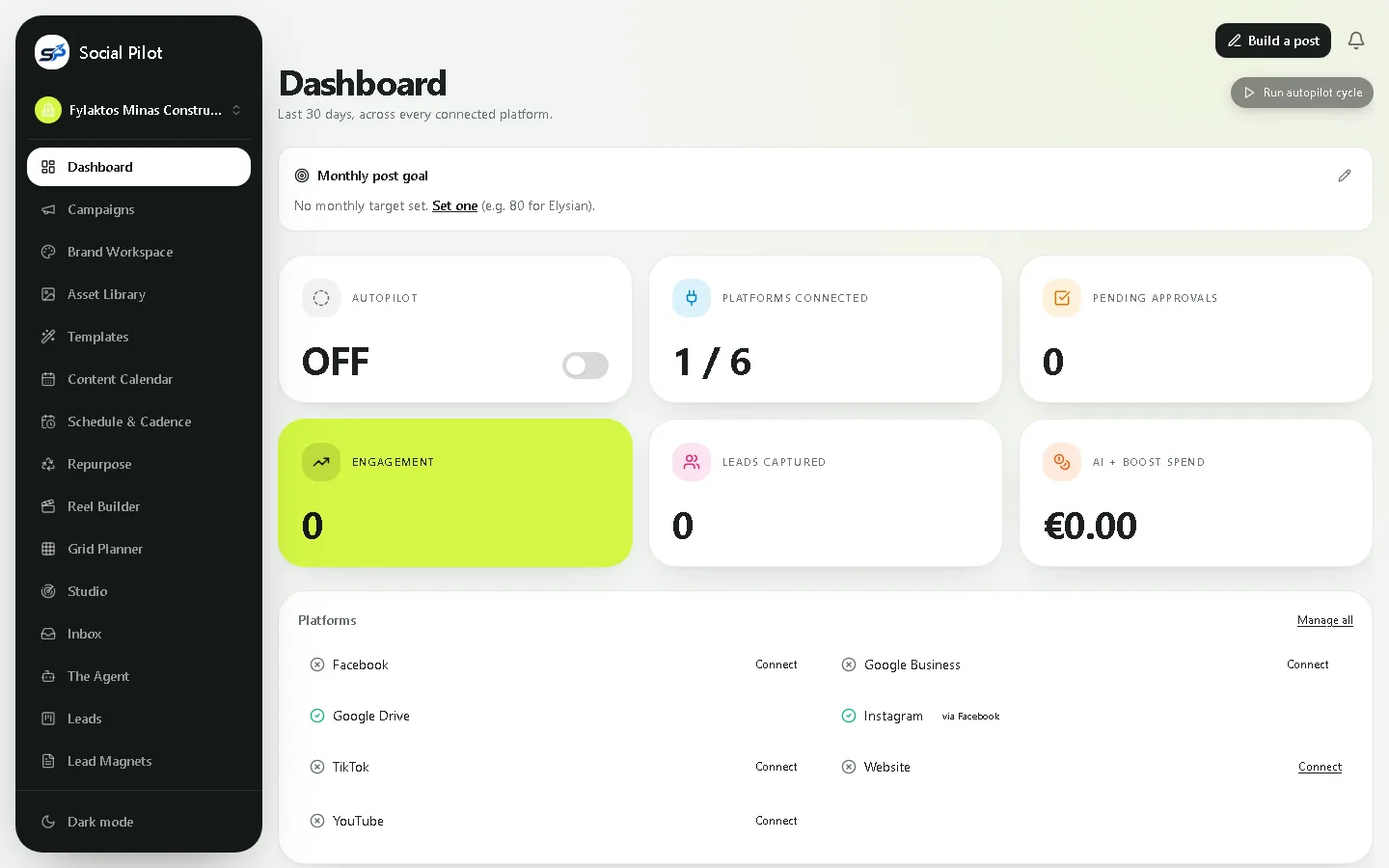 SocialPilot dashboard showing autopilot status, connected platforms, pending approvals, engagement and lead counters