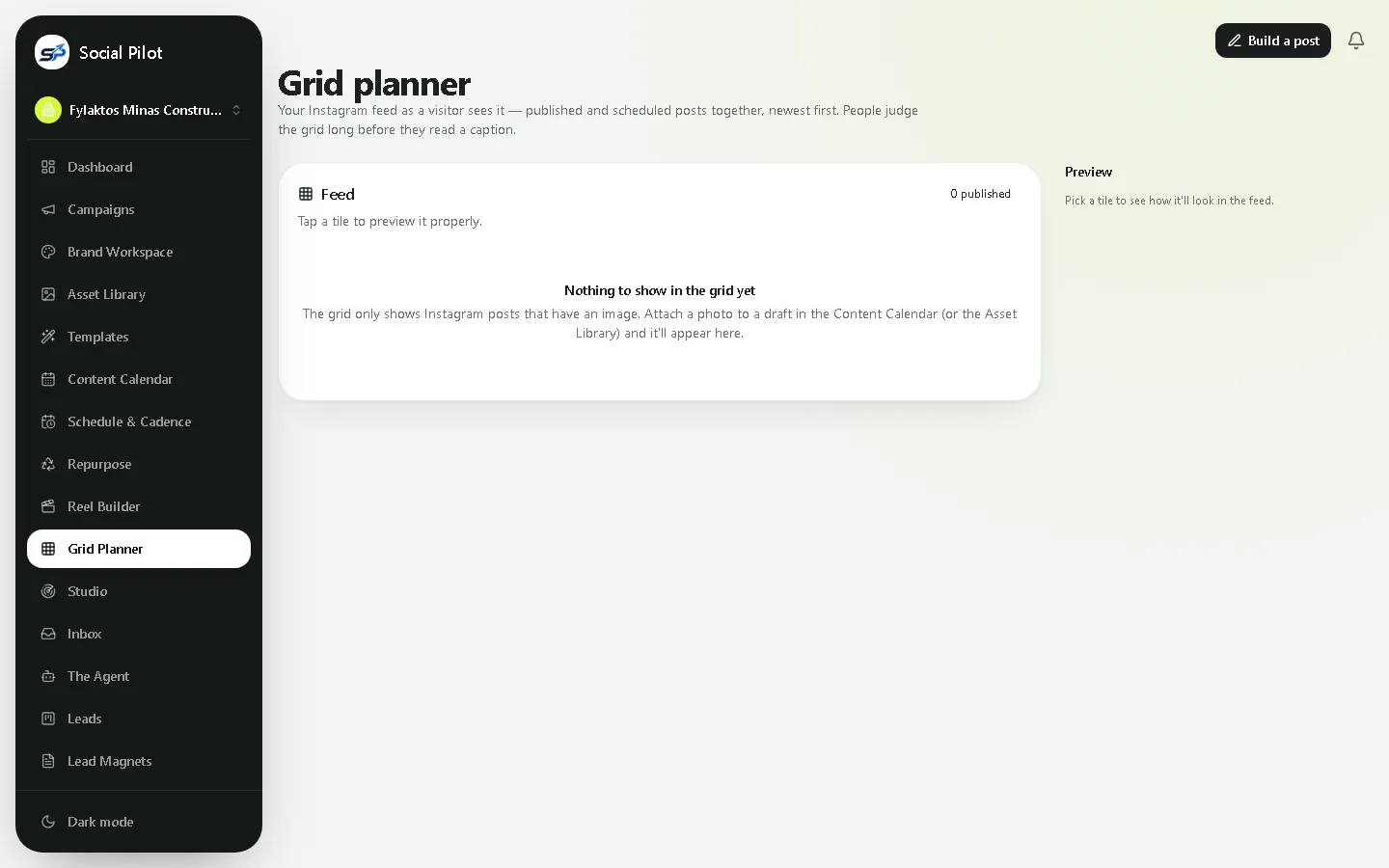SocialPilot Grid Planner showing a visual layout of an upcoming Instagram feed