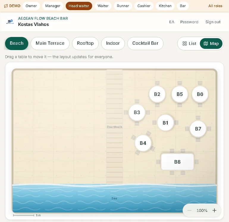 Tably's live floor plan for a beach bar — numbered tables laid out over a boardwalk and sea, draggable to rearrange the venue