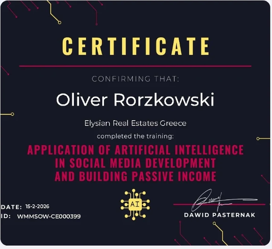 Application of Artificial Intelligence in Social Media Development certificate from Wealth Management (Dawid Pasternak)