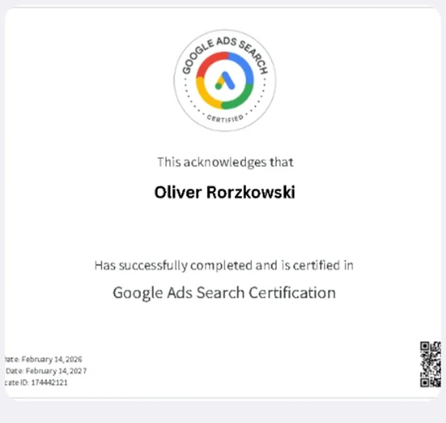 Google Ads Search Certification certificate from Google