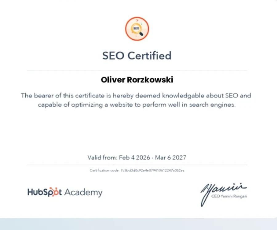 SEO Certified certificate from HubSpot Academy