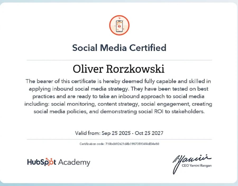 Social Media Certified certificate from HubSpot Academy