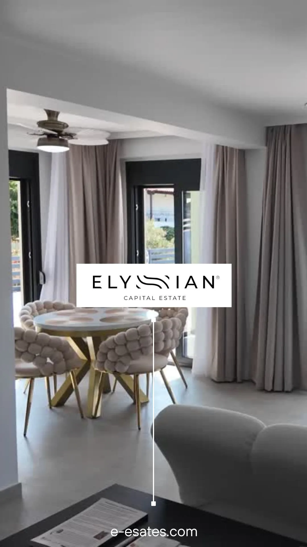 Instagram Reel template for an Elysian Real Estates property listing, showing a branded logo overlay on an interior photo